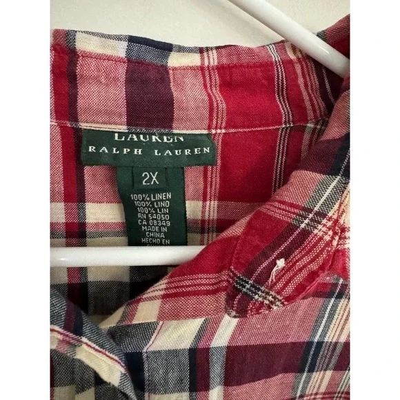 Vintage Lauren Ralph Lauren Linen Plaid Button Up Top Women’s 2X Initial Logo - Picture 3 of 6